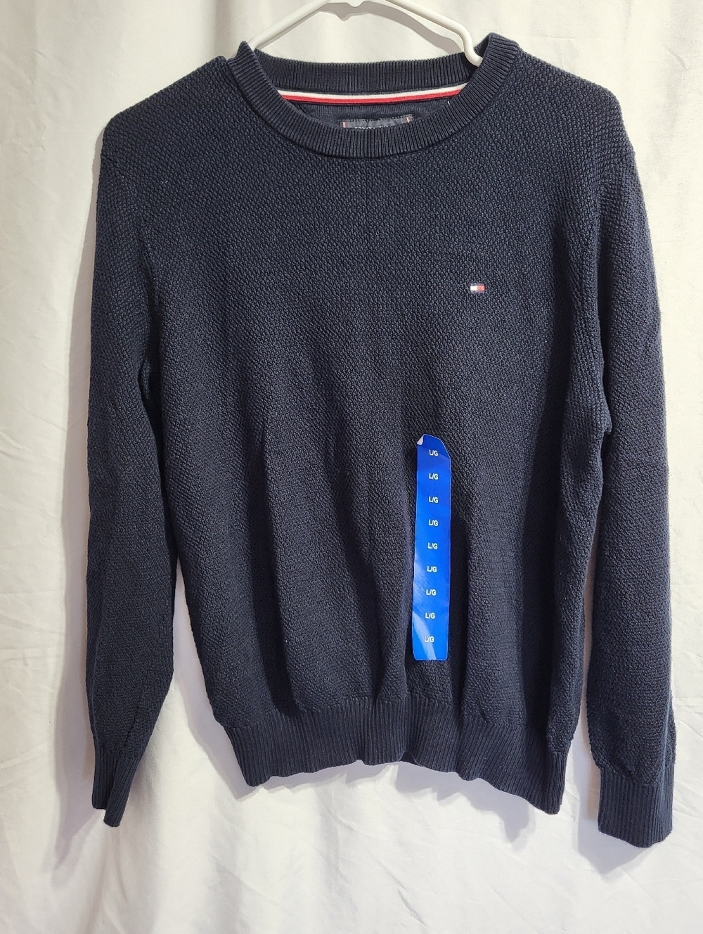 NEW-Tommy Hilfiger Navy Crewneck Knit Sweater with Signature Flag, Size Large